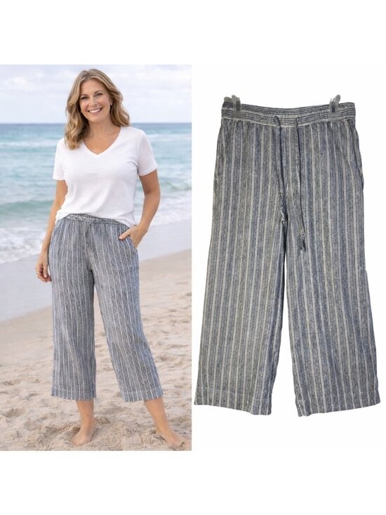 GAP Pants - GAP Women's Blue Striped Linen-Blend Cropped Pants Small Beach Resort Vacation